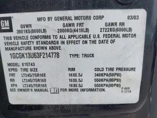 2003 Chevrolet Silverado 1500HD LS with VIN 1GCGK13U63F214778, listed as a IAAI auction lot 42141435 with 161,669 mi miles and . Bid and sale history available at DreamBid. Image 9.