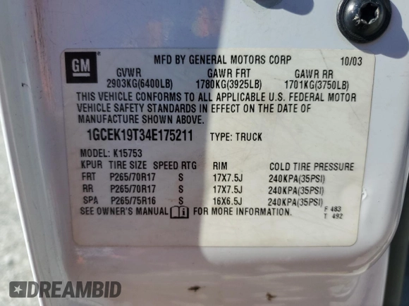 2004 Chevrolet Silverado 1500 with VIN 1GCEK19T34E175211, listed as a Copart auction lot 46786015 with 202,367 mi miles and Salvage Title. Bid and sale history available at DreamBid. Image 15.