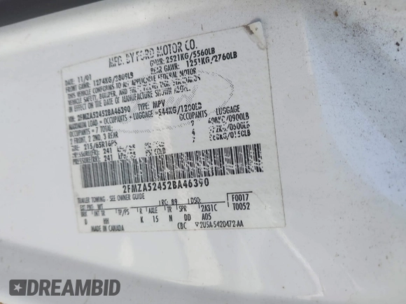 2002 Ford Windstar SE z VIN 2FMZA52452BA46390, wystawiony jako IAAI lot #41846509 z przebiegiem Nie podano mil oraz . Historia ofert i sprzedaży dostępna na DreamBid. Obrazek 9.