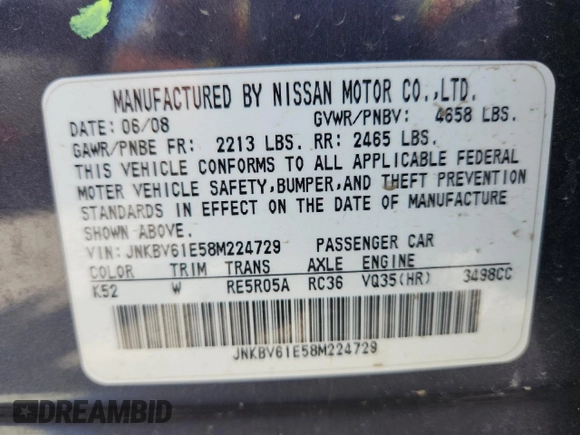 2008 Infiniti G35 Journey with VIN JNKBV61E58M224729, listed as a Copart auction lot 62152085 with 174,720 mi miles and Salvage title. Bid and sale history available at DreamBid. Image 12.