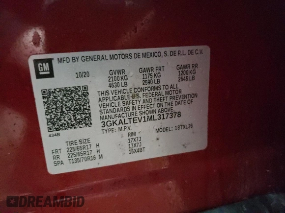 2021 GMC Terrain SLE with VIN 3GKALTEV1ML317378, listed as a Copart auction lot 54823015 with 59,753 mi miles and Salvage title. Bid and sale history available at DreamBid. Image 13.