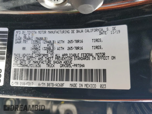 2020 Toyota Tacoma SR5 with VIN 3TMCZ5AN4LM311636, listed as a Copart auction lot 54500525 with 32,230 mi miles and Salvage title. Bid and sale history available at DreamBid. Image 12.