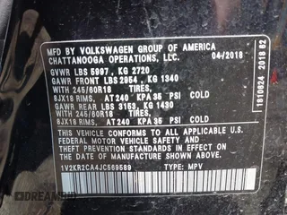 2018 Volkswagen Atlas SE z VIN 1V2KR2CA4JC569589, wystawiony jako IAAI lot #42471911 z przebiegiem 91 859 mil mil oraz . Historia ofert i sprzedaży dostępna na DreamBid. Obrazek 9.