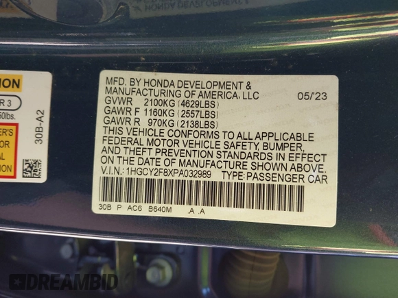 2023 Honda Accord Touring with VIN 1HGCY2F8XPA032989, listed as a IAAI auction lot 42024388 with 17,585 mi miles and . Bid and sale history available at DreamBid. Image 9.
