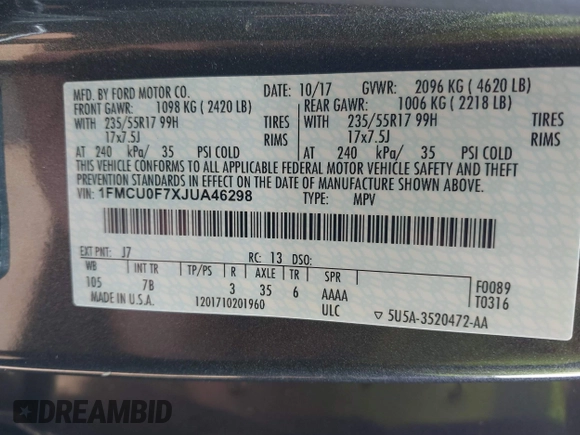 2018 Ford Escape S with VIN 1FMCU0F7XJUA46298, listed as a IAAI auction lot 42441527 with 57,508 mi miles and . Bid and sale history available at DreamBid. Image 9.