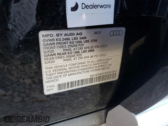 2023 Audi Q5 S line Premium Plus with VIN WA1EAAFY4P2019987, listed as a Copart auction lot 59900015 with 23,663 mi miles and Salvage title. Bid and sale history available at DreamBid. Image 14.