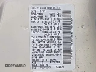 2011 Nissan Murano S with VIN JN8AZ1MWXBW176864, listed as a IAAI auction lot 42167126 with 124,165 mi miles and . Bid and sale history available at DreamBid. Image 9.