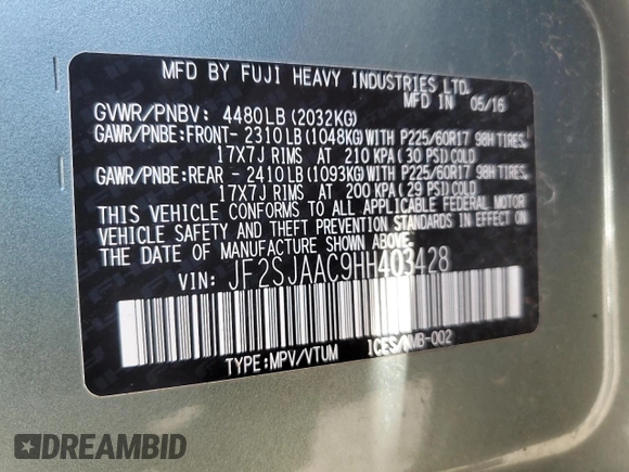 2017 Subaru Forester z VIN JF2SJAAC9HH403428, wystawiony jako Copart lot #62950194 z przebiegiem 109 163 mil mil oraz Szkoda całkowita • Salvage title. Historia ofert i sprzedaży dostępna na DreamBid. Obrazek 12.