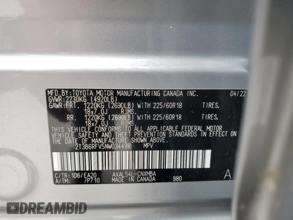 2022 Toyota RAV4 Hybrid XLE Premium with VIN 2T3B6RFV5NW034498, listed as a Copart auction lot 62395105 with 10,590 mi miles and Clean title. Bid and sale history available at DreamBid. Image 13.