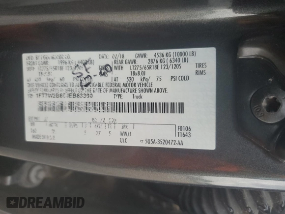 2018 Ford F-250 XL with VIN 1FT7W2B65JEB83300, listed as a Copart auction lot 55920255 with 104,125 mi miles and Salvage title. Bid and sale history available at DreamBid. Image 13.