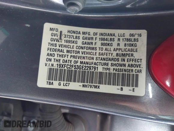 2016 Honda Civic Sedan LX with VIN 19XFC2F53GE229791, listed as a IAAI auction lot 41902081 with 150,008 mi miles. Bid and sale history available at carsss.com. Image 9.