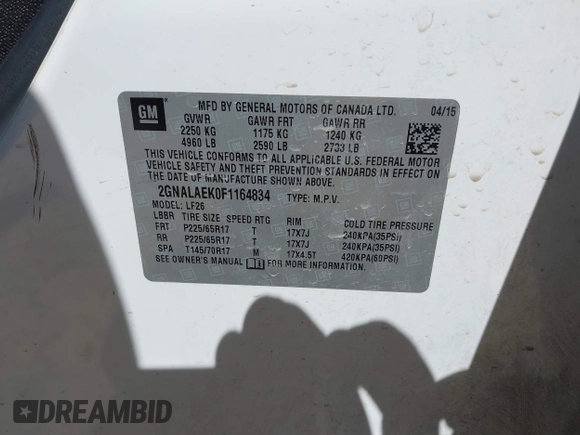 2015 Chevrolet Equinox LS z VIN 2GNALAEK0F1164834, wystawiony jako IAAI lot #39723132 z przebiegiem 105 515 mil mil oraz . Historia ofert i sprzedaży dostępna na DreamBid. Obrazek 9.