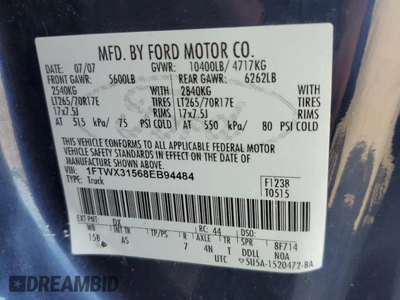 2008 Ford F-350 XL with VIN 1FTWX31568EB94484, listed as a Copart auction lot 70699094 with 36,468 mi miles and Clean Title. Bid and sale history available at DreamBid. Image 12.