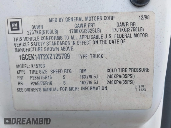 1999 Chevrolet Silverado 1500 LS with VIN 1GCEK14T2XZ125789, listed as a IAAI auction lot 40958507 with 178,496 mi miles. Bid and sale history available at carsss.com. Image 9.