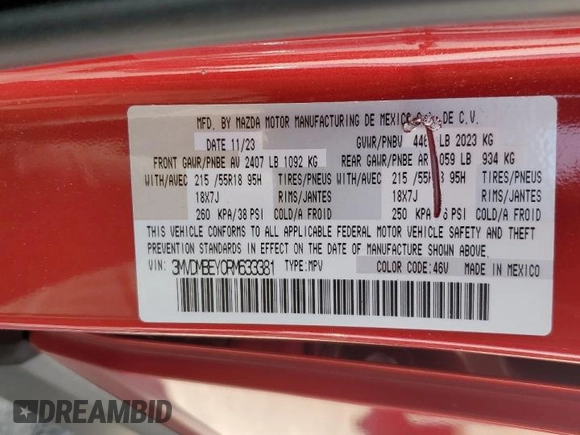 2024 Mazda CX-30 Premium Plus with VIN 3MVDMBEY0RM633381, listed as a Copart auction lot 71624254 with 3,333 mi miles and Salvage Title. Bid and sale history available at carsss.com. Image 13.