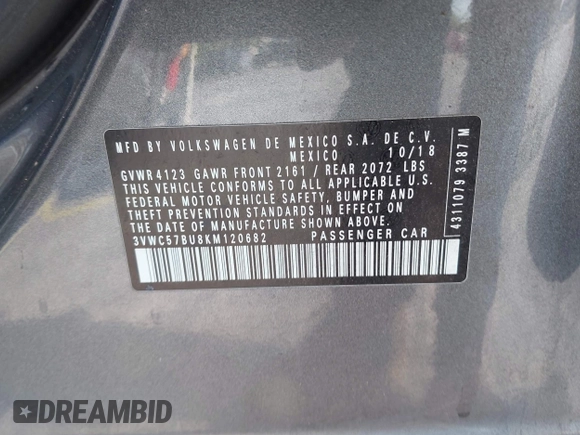 2019 Volkswagen Jetta S с VIN 3VWC57BU8KM120682, выставлен на аукционе IAAI как лот 42334806 с пробегом 54 610 миль миль и . История ставок и продаж доступна на DreamBid. Изображение 9.