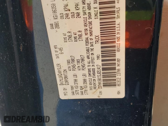 2005 Dodge 1500 ST with VIN 1D7HA16K15J651417, listed as a Copart auction lot 55945455 with 159,063 mi miles and Clean Title. Bid and sale history available at DreamBid. Image 12.