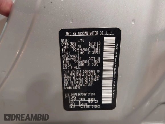 2016 Nissan Quest SL with VIN JN8AE2KP0G9157260, listed as a IAAI auction lot 41938589 with 118,851 mi miles and . Bid and sale history available at DreamBid. Image 9.