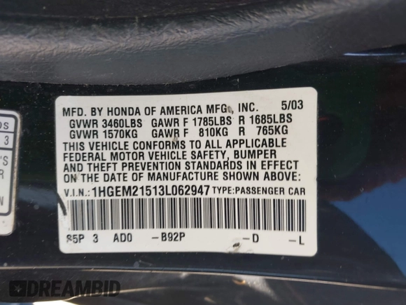 2003 Honda Civic LX with VIN 1HGEM21513L062947, listed as a IAAI auction lot 42208347 with 263,078 mi miles and . Bid and sale history available at DreamBid. Image 9.