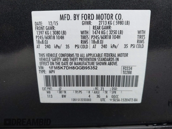 2016 Ford Explorer XLT with VIN 1FM5K7DH8GGB95352, listed as a IAAI auction lot 42118995 with 140,963 mi miles and . Bid and sale history available at carsss.com. Image 9.