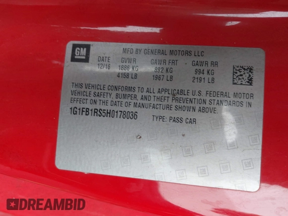 2017 Chevrolet Camaro 1LT with VIN 1G1FB1RS5H0178036, listed as a IAAI auction lot 41913143 with 144,838 mi miles and . Bid and sale history available at DreamBid. Image 9.