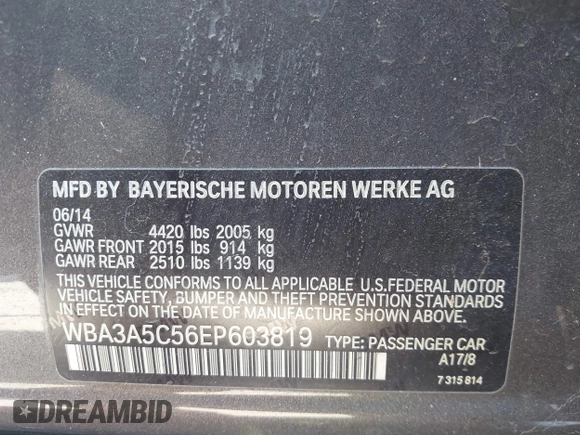 2014 BMW 3 Series 328i with VIN WBA3A5C56EP603819, listed as a IAAI auction lot 41217764 with 156,140 mi miles and . Bid and sale history available at carsss.com. Image 9.