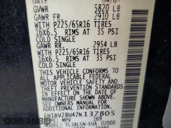 2007 Nissan Quest S with VIN 5N1BV28U47N137805, listed as a Copart auction lot 45397965 with 221,095 mi miles and Salvage Title. Bid and sale history available at carsss.com. Image 14.