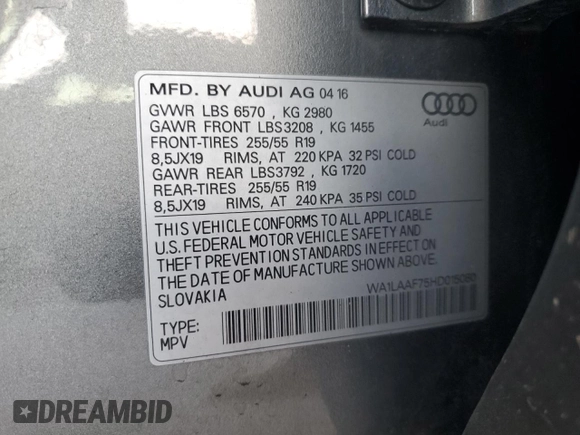 2017 Audi Q7 Premium Plus with VIN WA1LAAF75HD015080, listed as a Copart auction lot 49400355 with 148,173 mi miles and Clean title. Bid and sale history available at DreamBid. Image 13.