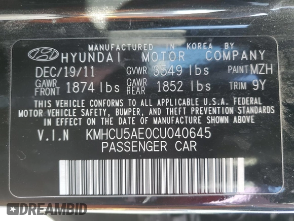 2012 Hyundai Accent SE with VIN KMHCU5AE0CU040645, listed as a Copart auction lot 49918515 with 195,268 mi miles and Salvage Title. Bid and sale history available at carsss.com. Image 12.