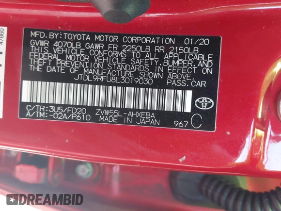 2020 Toyota Prius LE with VIN JTDL9RFU8L3019030, listed as a IAAI auction lot 41973490 with 58,361 mi miles and . Bid and sale history available at DreamBid. Image 9.