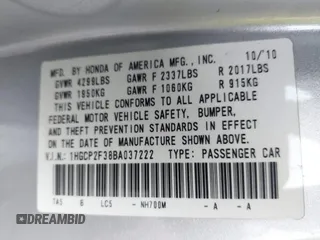 2011 Honda Accord LX with VIN 1HGCP2F38BA037222, listed as a IAAI auction lot 42202513 with 152,893 mi miles and . Bid and sale history available at DreamBid. Image 9.