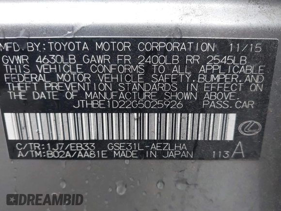 2016 Lexus IS 350 with VIN JTHBE1D22G5025926, listed as a IAAI auction lot 41215832 with 134,372 mi miles and . Bid and sale history available at carsss.com. Image 9.
