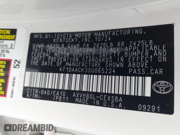 2025 Toyota Camry LE z VIN 4T1DAACK3SU065224, wystawiony jako IAAI lot #42341546 z przebiegiem 3 186 mil mil oraz . Historia ofert i sprzedaży dostępna na DreamBid. Obrazek 9.