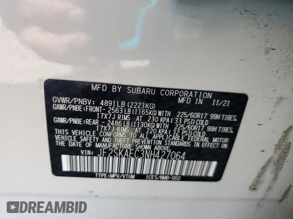 2022 Subaru Forester Premium with VIN JF2SKAEC3NH427064, listed as a Copart auction lot 57065135 with 30,870 mi miles and Salvage title. Bid and sale history available at DreamBid. Image 13.