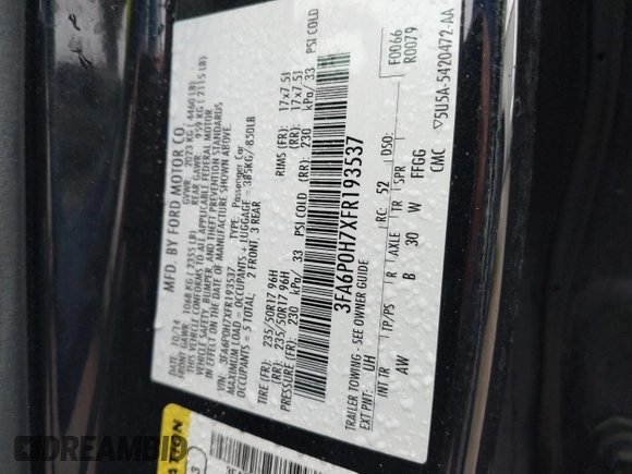 2015 Ford Fusion SE with VIN 3FA6P0H7XFR193537, listed as a IAAI auction lot 41900148 with 158,138 mi miles. Bid and sale history available at carsss.com. Image 9.