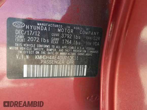 2013 Hyundai Elantra Limited with VIN KMHDH4AE4DU740611, listed as a Copart auction lot 54711845 with 95,408 mi miles and Salvage Title. Bid and sale history available at DreamBid. Image 12.