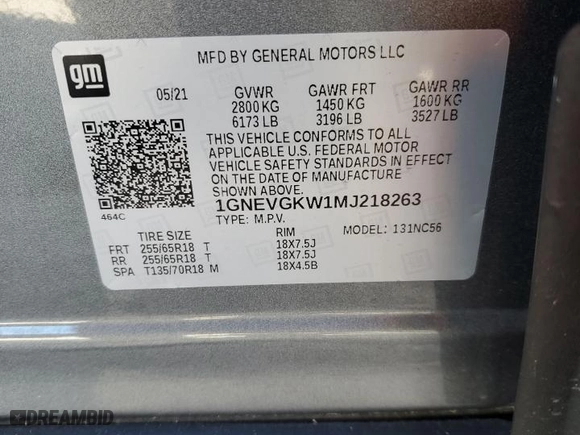 2021 Chevrolet Traverse LT Cloth with VIN 1GNEVGKW1MJ218263, listed as a Copart auction lot 48031995 with 84,124 mi miles and Non Repairable. Bid and sale history available at carsss.com. Image 14.