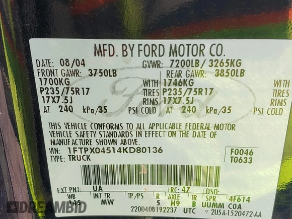 2004 Ford F-150 XLT z VIN 1FTPX04514KD80136, wystawiony jako IAAI lot #42410803 z przebiegiem 115 586 mil mil oraz . Historia ofert i sprzedaży dostępna na DreamBid. Obrazek 9.