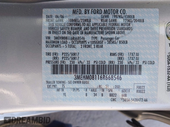 2006 Mercury Milan Premier with VIN 3MEHM08116R668546, listed as a IAAI auction lot 42080624 with 76,294 mi miles and . Bid and sale history available at carsss.com. Image 9.