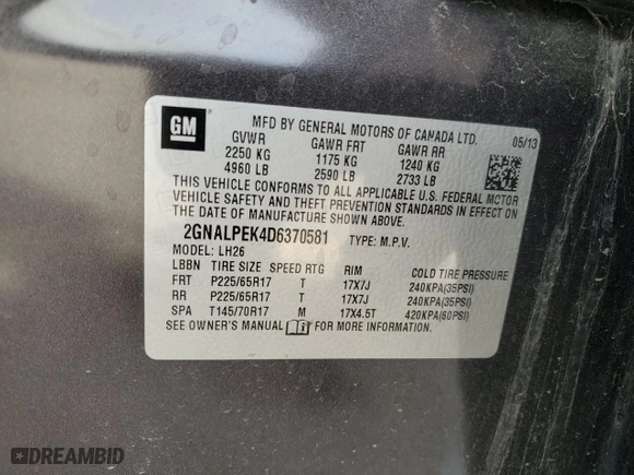 2013 Chevrolet Equinox LT with VIN 2GNALPEK4D6370581, listed as a Copart auction lot 42375615 with 114,484 mi miles and Salvage Title. Bid and sale history available at carsss.com. Image 13.