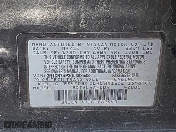 2016 Nissan Versa S z VIN 3N1CN7AP3GL882543, wystawiony jako IAAI lot #41821886 z przebiegiem 207 104 mil mil oraz . Historia ofert i sprzedaży dostępna na DreamBid. Obrazek 9.