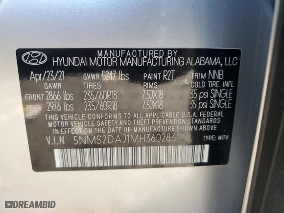 2021 Hyundai Santa Fe SEL with VIN 5NMS2DAJ1MH360286, listed as a Copart auction lot 47146535 with 25,652 mi miles and Salvage Title. Bid and sale history available at carsss.com. Image 15.