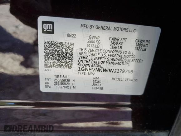 2022 Chevrolet Traverse High Country with VIN 1GNEVNKW0NJ179705, listed as a Copart auction lot 76338034 with 31,206 mi miles and Salvage title. Bid and sale history available at DreamBid. Image 14.