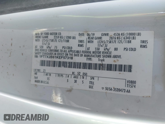 2019 Ford F-250 XL with VIN 1FT7X2B61KEF57318, listed as a IAAI auction lot 41676778 with 134,864 mi miles and . Bid and sale history available at DreamBid. Image 9.