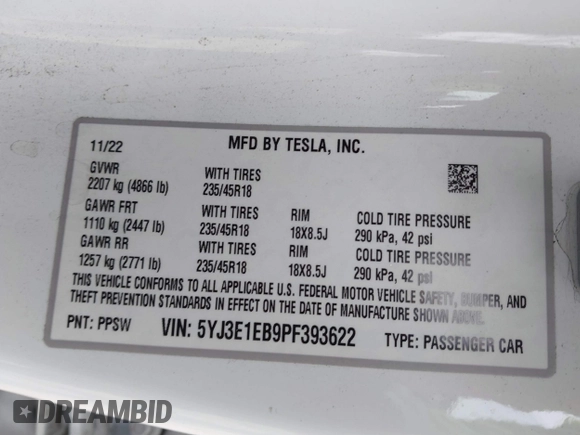 2023 Tesla Model 3 Long Range with VIN 5YJ3E1EB9PF393622, listed as a IAAI auction lot 41207132 with 14,097 mi miles and . Bid and sale history available at DreamBid. Image 9.