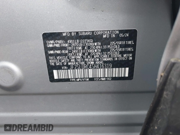 2025 Subaru Forester Limited с VIN JF2SLDRC4SH416319, выставлен на аукционе IAAI как лот 42376011 с пробегом 5 105 миль миль и . История ставок и продаж доступна на DreamBid. Изображение 9.
