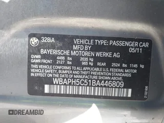 2011 BMW 3 Series 328i with VIN WBAPH5C51BA446809, listed as a IAAI auction lot 42031220 with 111,011 mi miles and . Bid and sale history available at carsss.com. Image 9.