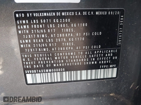 2021 Volkswagen Tiguan S with VIN 3VV0B7AX5MM000806, listed as a IAAI auction lot 40648538 with 38,224 mi miles and . Bid and sale history available at DreamBid. Image 9.