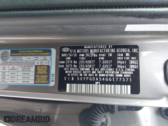 2016 Kia Sorento LX with VIN 5XYPGDA54GG177571, listed as a IAAI auction lot 41889298 with 140,702 mi miles. Bid and sale history available at carsss.com. Image 9.