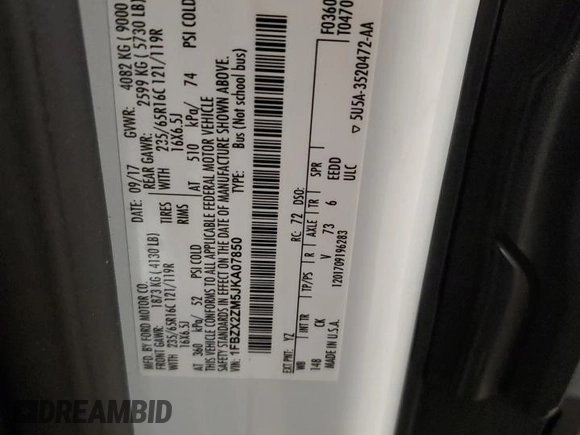 2018 Ford Transit Passenger XL with VIN 1FBZX2ZM5JKA07850, listed as a Copart auction lot 49389865 with 76,421 mi miles and Salvage Title. Bid and sale history available at DreamBid. Image 13.